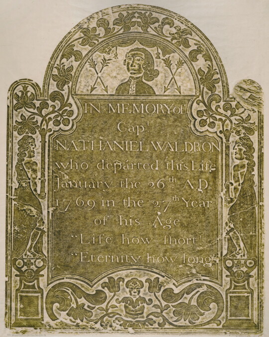 A color print of a tomb rubbing in olive green showing an inscription surrounded by botanic scrollwork motifs and three human figures.