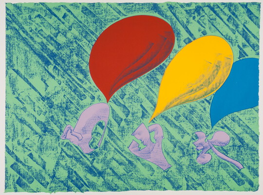A brightly-colored abstract print with three lavender forms underneath three balloons in red, yellow, and blue on a greenish-blue background.