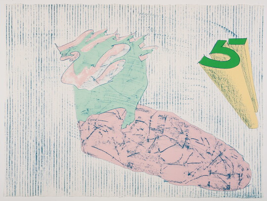 An abstract color print of organic shapes in pink and light green and a bright green three-dimensional number 5 against a blue striped background.