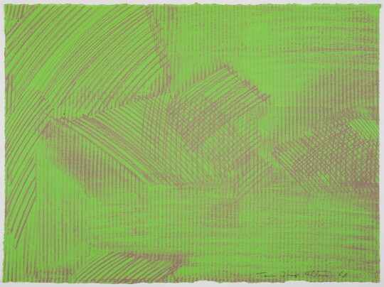 An abstract color print of reddish-gray hash marks against a green background.