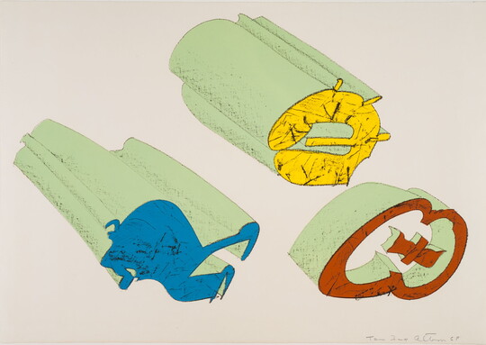 An abstract color print of organic shapes in blue, yellow, and red that have been made to appear three-dimensional with light green sides.