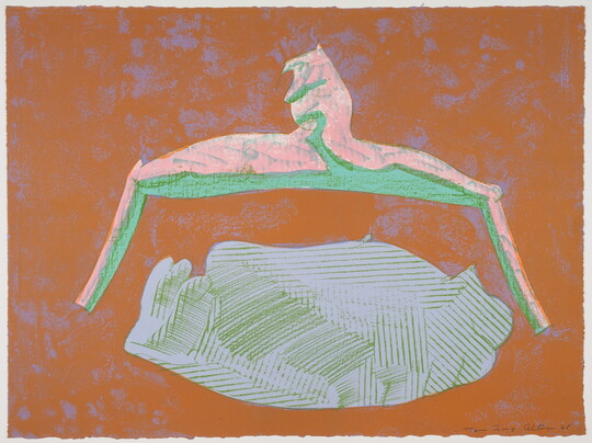 An abstract color print of an angled pink and green shape hovering over an organic blue and green shape, all on a textured brown background.