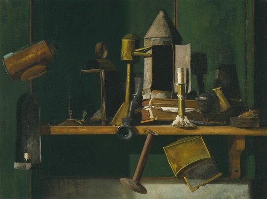 A painting of antique lamps and candlesticks scattered on a wood shelf.