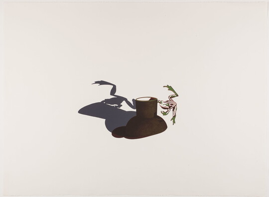 A color print of a green and brown frog leaping from brown cup and their harsh shadows opposite them.