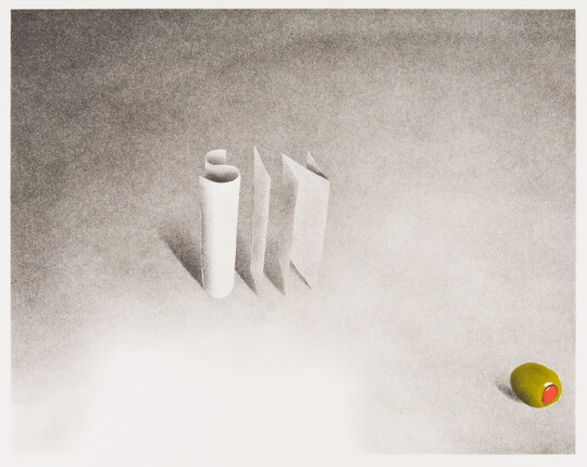 A color print of the letters SIN rendered in 3-D, almost like buildings rising from the ground, and a green pimento-stuffed olive in the lower right corner.