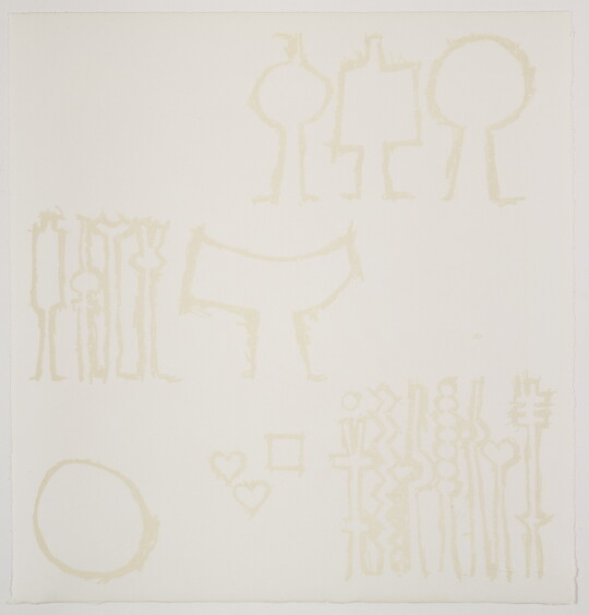 An abstract color print of a series of geometric shapes and symbols in three levels printed in a very light tan on white paper.