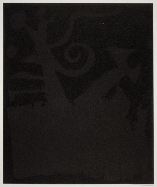 An abstract color print of a very dark brown organic shape with curled appendages against a black background.