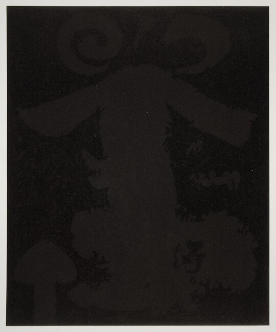 An abstract color print of a very dark brown organic shape and arrows pointing up against a black background.