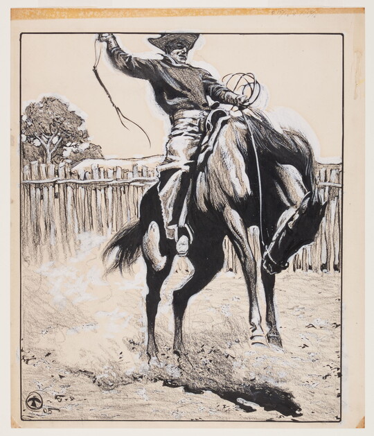 A black-and-white drawing of a cowboy hanging onto a rearing horse, holding the reins in one hand and  a whip in the other hand raised in the air.