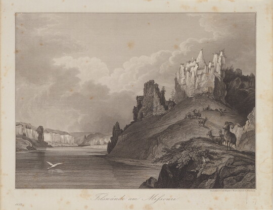 A black-and-white print of a river and castle-like structure on a rocky mountainside with sheep grazing on the hillsides.