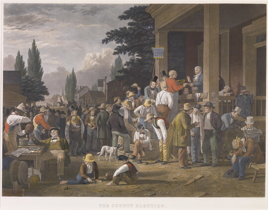 A color print of a large group of White men gathered outside of a courthouse to cast a their votes.
