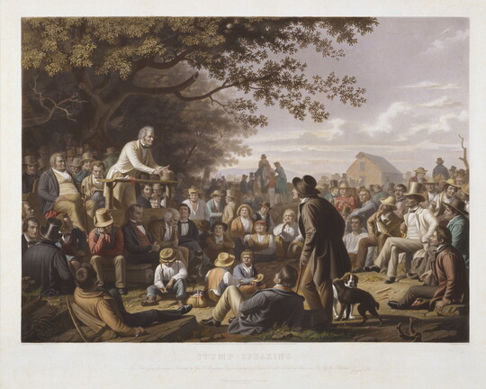 A print of a man standing on a platform under a tree speaking to a large crowd of people.