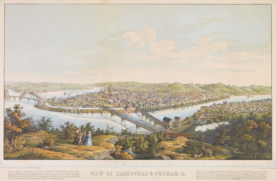 A color print of two cities separated by a river with bridges connecting them.