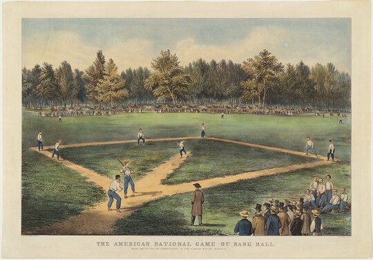 A color print of an early baseball game with spectators.