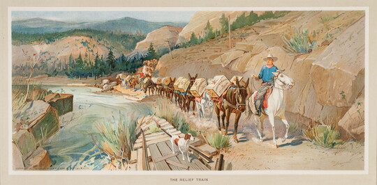 A color print of a cowboy on horseback leading a line of pack mules carrying crates and barrels marked "Anheuser Busch, St. Louis, Mo." over a mountain pass.