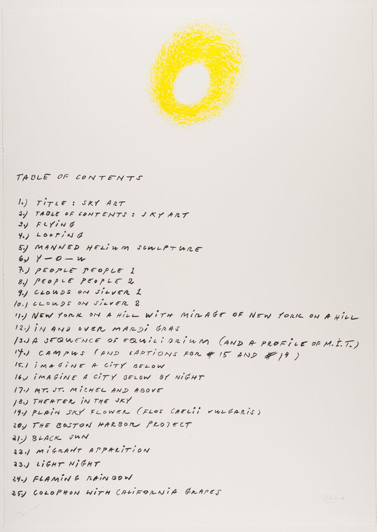 A color print of a yellow circle above a written table of contents.