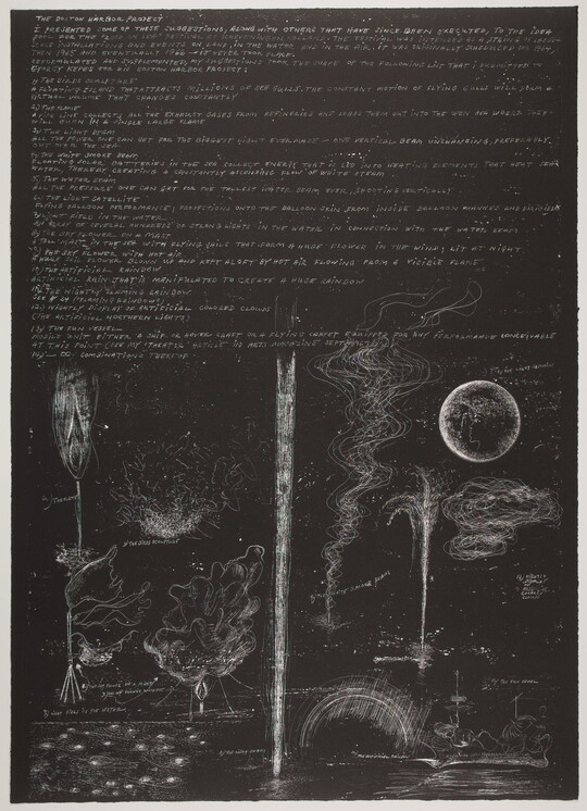 An abstract black-and-white print of organic white shapes and lines that resemble a landscape below written text.