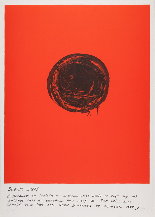 An abstract color print of a black circle on a red background above written text.