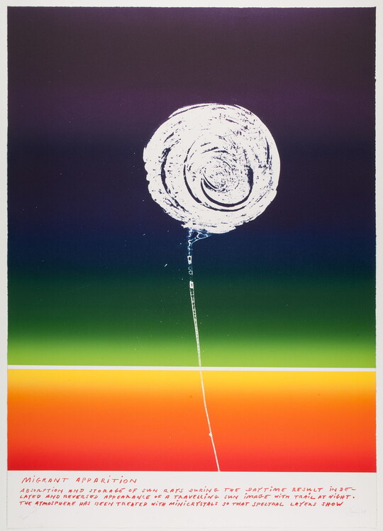 An abstract color print of a white circle and line that resemble a balloon on a rainbow gradient that fades from purple at the top to red at the bottom above a block of text.