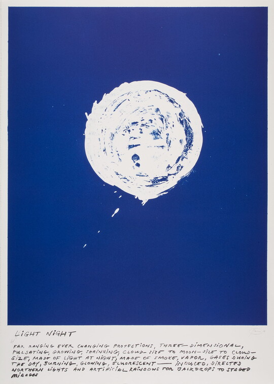An abstract color print of a white circle on a blue background above written text.