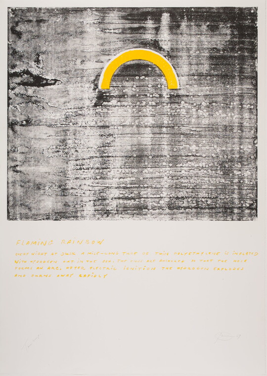 An abstract color print of a yellow arch on a smudgy black background above written yellow text.