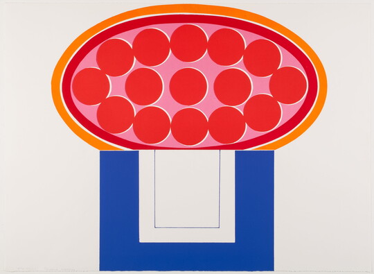 An abstract color print of a pink oval, outlined in red and yellow and filled with red circles, on top of a blue rectangle with a white center.