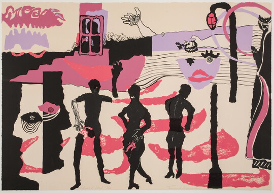 An abstract color print of three black figures purple, pink, and black shapes that resemble lampposts, windows, theater masks all around them.