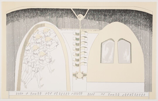 An abstract color print of a group of children running inside of an arch surrounded by various yellow and gray machine-like shapes.