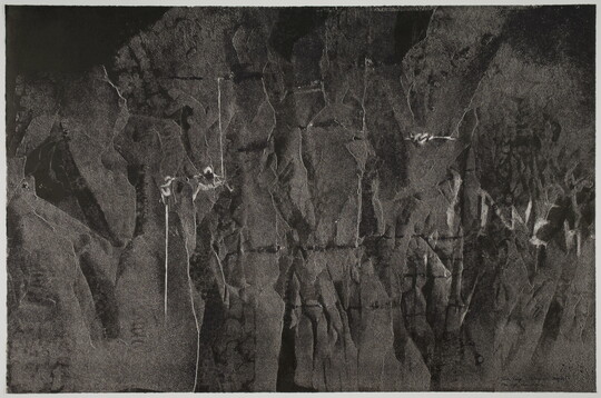 An abstract black-and-white print that resembles a satellite image of mountains with thin white markings placed throughout.