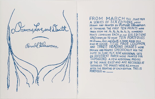 A color print in blue of, on the left, curvy lines around the title written in cursive, and, on the right, a block of printed text.