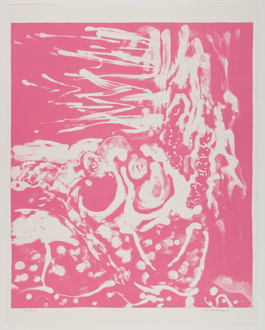 An abstract color print of swirls and gestural strokes in pink and white.