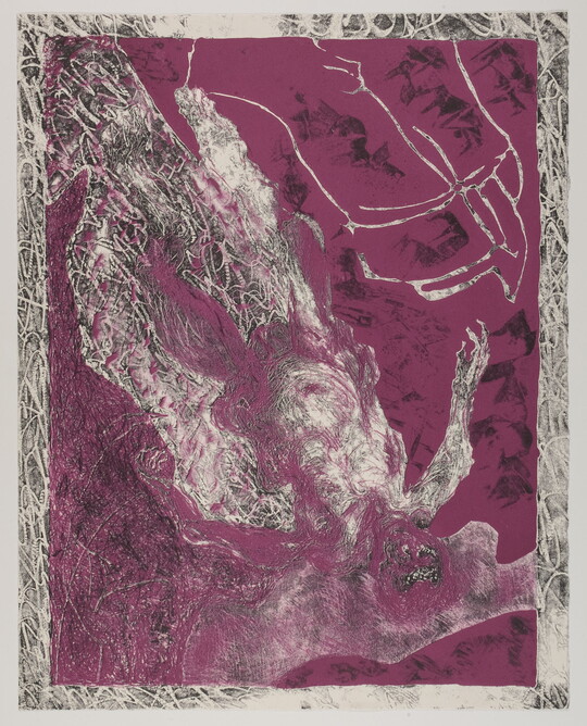 An abstract color print of a partially-obscured human-like figure in white and gray upside down and diagonal on a purple background.