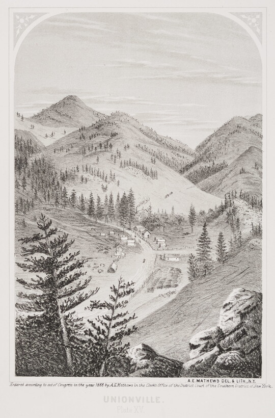 A black-and-white print of a mountain valley with a cluster of buildings at center.