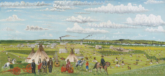 An oil painting of green pastures and a community of tipis and buildings with Native and non-Native people in the foreground.