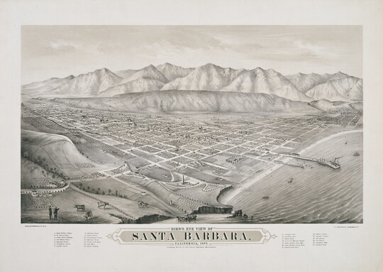 A black-and-white print of a coastal city, showing the grid of streets, with mountains in the background and water in the foreground.