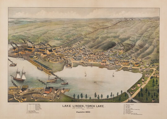 A color print of a birds-eye-view of a small town with a lake at its center and the words, "Lake Linden, Torch Lake" beneath the illustration.