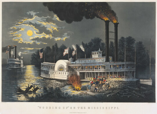 A color print of workers chopping wood and loading it on to a steamship at night.