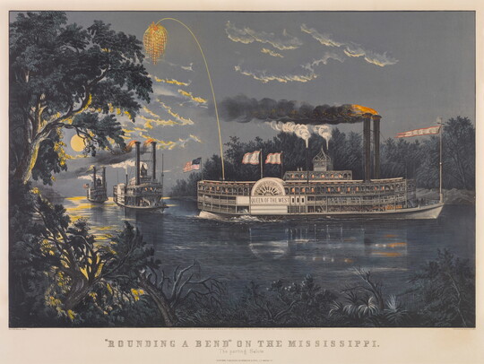 A color print of three steamboats on a river during a moonlit night with fireworks shooting from the ship in the foreground.