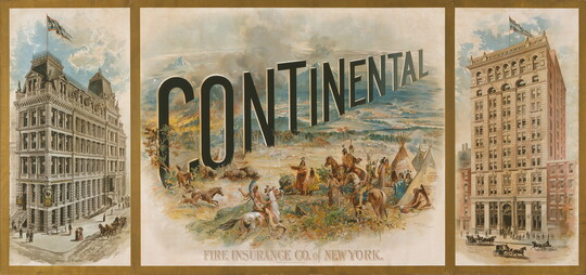 A color advertisement with three panels: the first and third show tall, ornate buildings; the second shows the word "Continental" placed in a Native American settlement.