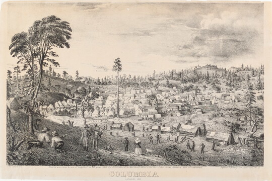 A black-and-white print of a town in a cleared wooded area with people relaxing and walking on a hill in the foreground.