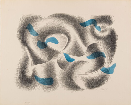 An abstract color print of a gray swirl design with blue, organic-shaped accents.
