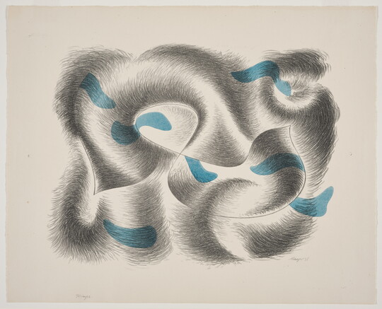An abstract color print of a gray swirl design with blue, organic-shaped accents.