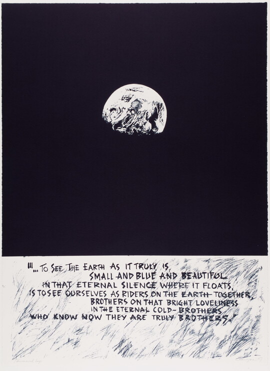 A black-and-white abstract print of a white partial circle that resembles a moon on a black background above written text.