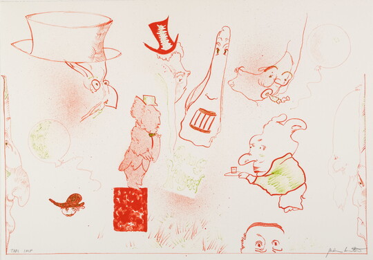 An abstract color print of cartoon-like non-human figures outlined in varying shades of red.