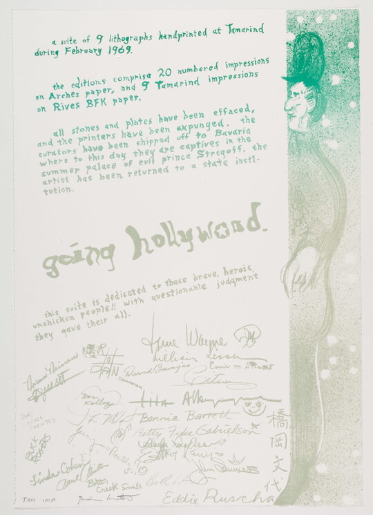 A color print, two-thirds is covered with printed and cursive text, the largest reads, "going hollywood'; the third on the far right shows an abstract person standing in profile in green and tan.