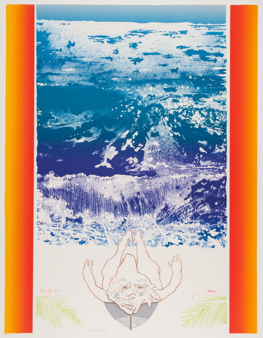 A color print of ocean waves coming toward the viewer as a simply-drawn surfer lays on a surfboard in the foreground.