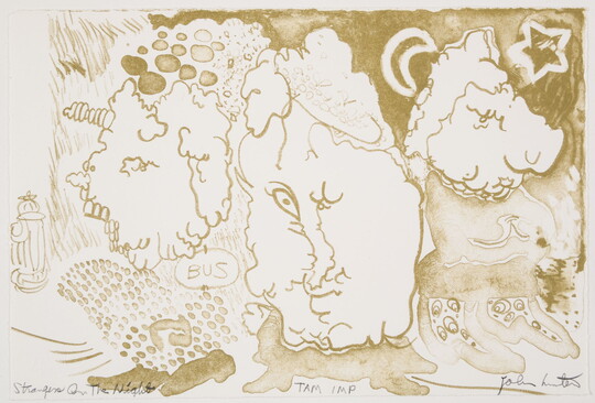 An abstract sepia-toned print of various shapes with vaguely human elements, such as feet, and other objects such as a fire hydrant, a crescent moon, and a star.