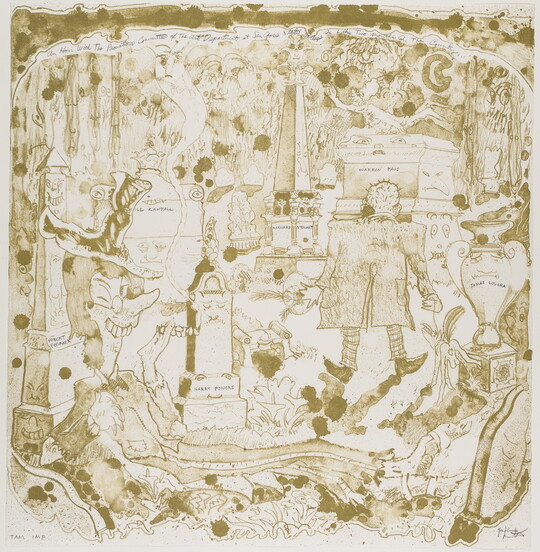 An abstract sepia-toned print of two caricatures of people, a profile of a woman smoking and a standing man looking at a tomb, in a graveyard.