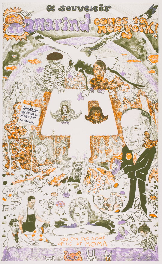 A color print of caricatures of people and animals in purple, black, and orange with text that reads, "A souvenir, Tamarind comes to New York, you can see some of us at MOMA."