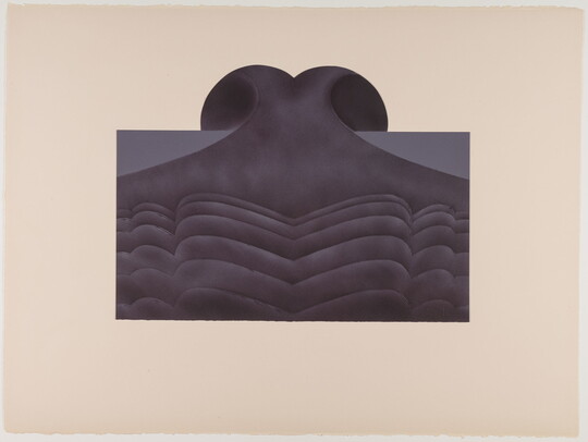 An abstract color print in black, gray, and dark blue of organic shapes that resemble waves and the tail of a whale emerging from the top.